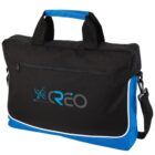 Black and blue messenger bag with a logo and shoulder strap.
