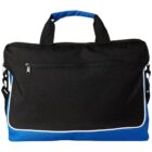 Black and blue duffel bag with zipper pocket and handles.