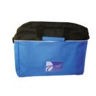 Blue and black fabric bag with a logo and carrying handles.