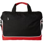 Black and red travel bag with a zipper pocket and handles.