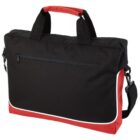 A black and red briefcase with a zipper pocket and shoulder strap.