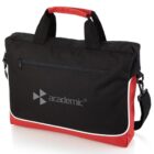 Black and red laptop bag with white piping and academic logo on front.