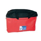 Red and black insulated lunch bag with a blue logo on the front.