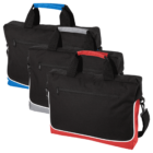 Three black tote bags with blue, gray, and red accents, displayed in a row.