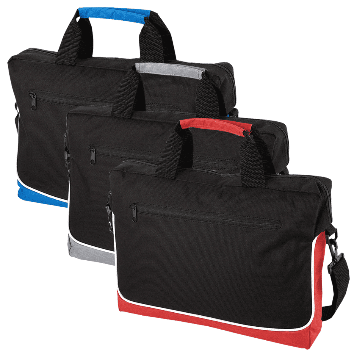Three black tote bags with blue, gray, and red accents, displayed in a row.