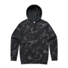 Black and grey camouflage hooded sweatshirt, laid flat on a white background.