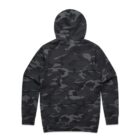 Back view of a black and gray camouflage hooded sweatshirt on a white background.