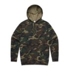 A green and brown camouflage hooded sweatshirt with a front pocket.