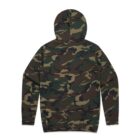 A hooded sweatshirt with a green and brown camouflage pattern, shown from the back.