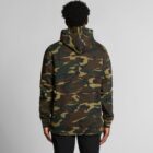 Person wearing a green camo hoodie facing away, standing against a plain background.