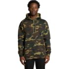 Man wearing a green camouflage hoodie and black pants, standing against a white background.
