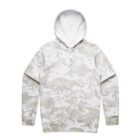 White and light gray camouflage hoodie with front pocket, laid flat on a white background.