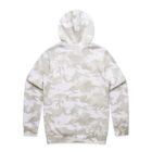 Back view of a light grey and white camouflage hoodie with a hood and long sleeves.