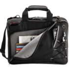 Black laptop bag with open compartments, showing books, credit cards, and a mobile phone.