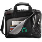 Open black bag with map, notebook, phone, pens, and earbuds in front pocket.