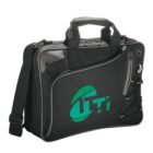 Black laptop bag with a green logo and shoulder strap.