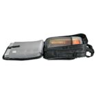 Open black laptop bag with compartments, containing a laptop and organizer pockets.
