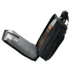 Black laptop bag open, revealing a laptop and various accessories.