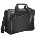 Black laptop bag with straps, compartments, and a top handle.