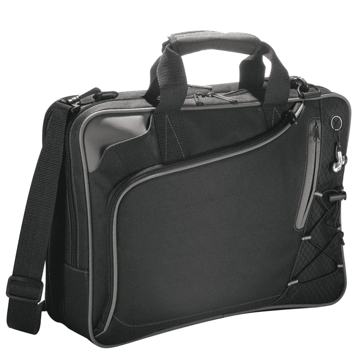 Black laptop bag with straps, compartments, and a top handle.