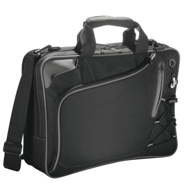 Black laptop bag with silver accents, handles, shoulder strap, and multiple zippered pockets.