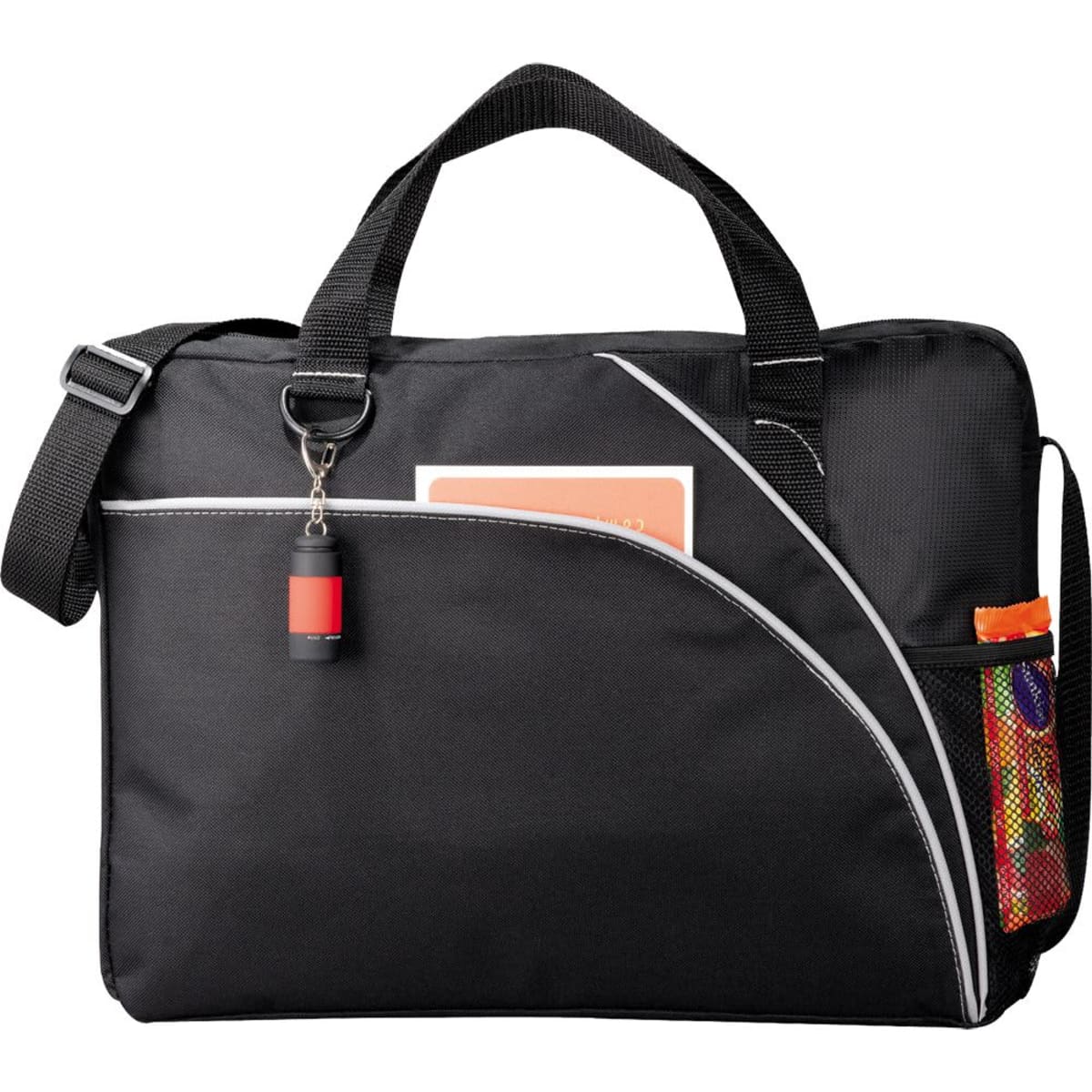 Black messenger bag with a shoulder strap, side pocket, and keychain attachment.