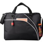 Black laptop bag with a shoulder strap and various items in its pockets.