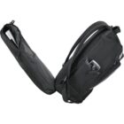 Black backpack with multiple compartments, including a laptop sleeve, shown open.