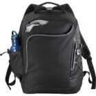Black backpack with pockets, containing a blue water bottle and electronics.