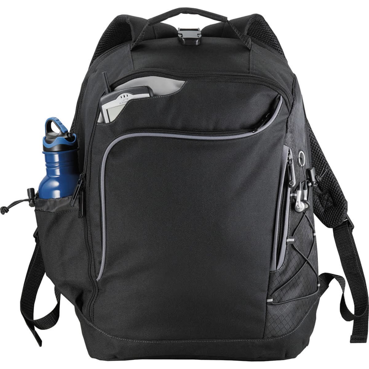 Black backpack with pockets, containing a blue water bottle and electronics.