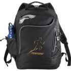 Black backpack with PERFORM logo, water bottle, headphones, and notebook.