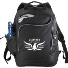 Black backpack with Aerro Advisors logo and water bottle in side pocket.