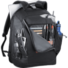 Black backpack with laptop, pens, glasses, water bottle, and various items in pockets.