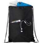 Black drawstring bag with map, clothes, magazine, and earphones in pockets.