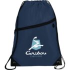 Blue drawstring bag with Caribou Coffee logo and black straps.