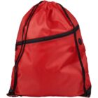 Bright red drawstring backpack with black accents and a front zipper pocket.