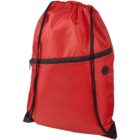 Red drawstring backpack with a front zippered pocket and black cords.