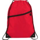 Red drawstring backpack with a front zippered pocket and black corner accents.