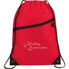 Red drawstring backpack with Holiday Expressions text and a zippered front pocket.