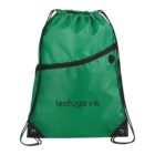 Green drawstring backpack with a black zipper pocket and lechuga ink. text.