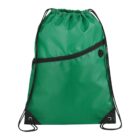 Green drawstring backpack with a front zipper pocket and black accents.