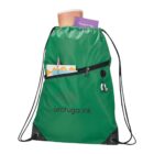 Green drawstring bag with book, earphones, notebook, and pen in front pocket.