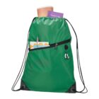 Green drawstring bag with a book, orange rolled paper, pens, and earbuds in pockets.