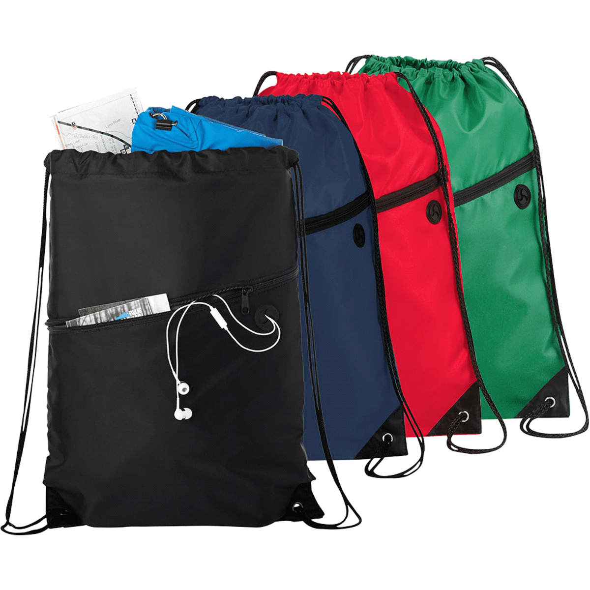 Four drawstring bags in black, blue, red, and green, with items and earphones in pockets.