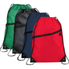 Four drawstring bags: green, black, blue, and red with front zippers.