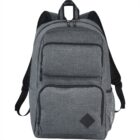 Gray backpack with multiple zippered pockets and a mesh side pocket.