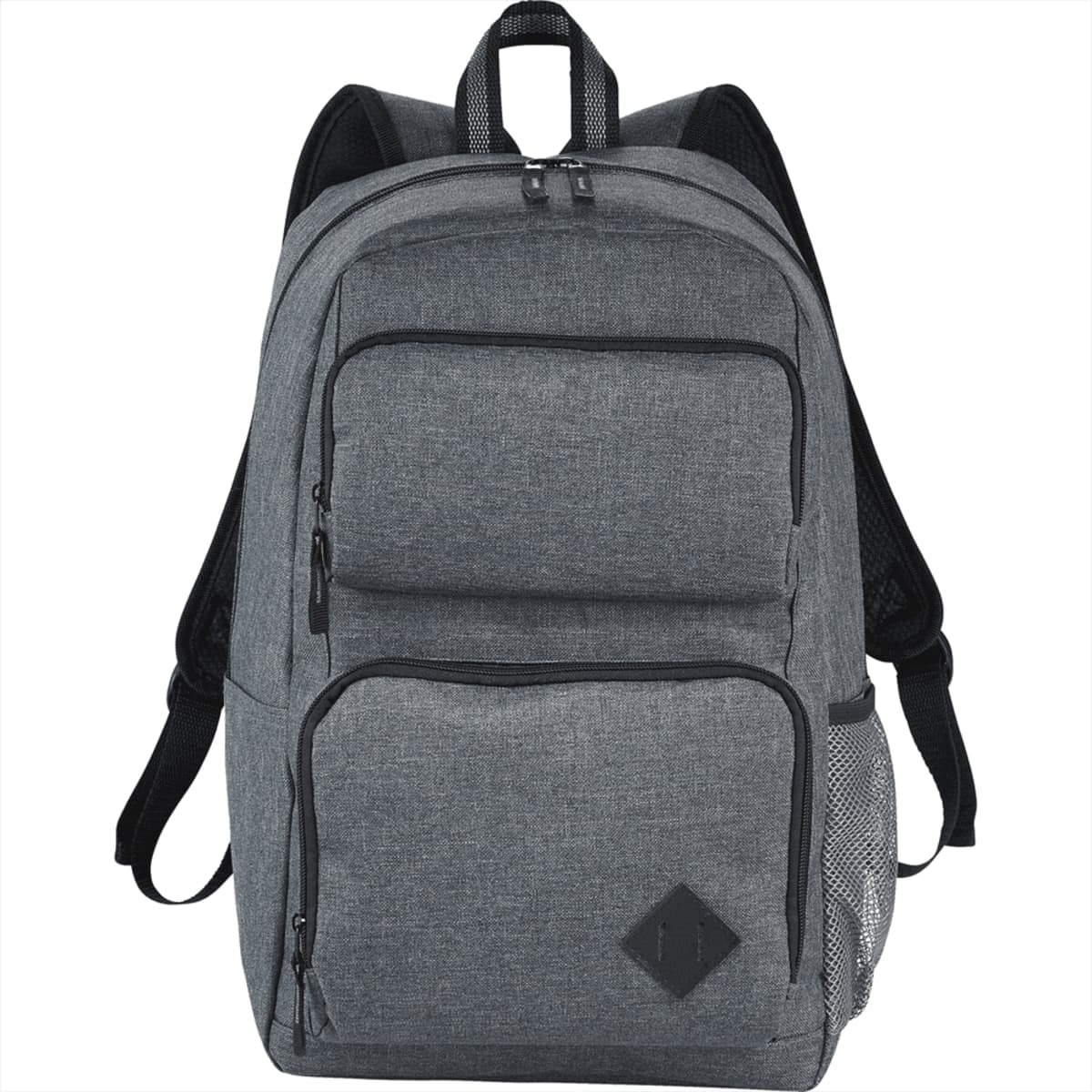 Gray backpack with multiple zippered pockets and a mesh side pocket.