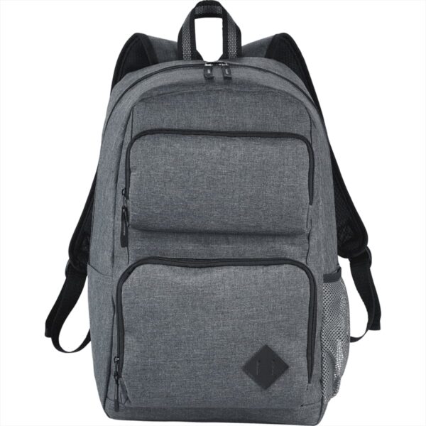 Gray backpack with black straps, front pockets, and a mesh side pocket.