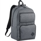 Gray backpack with multiple compartments and black accents on a white background.