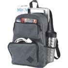 Gray backpack with multiple items, including a laptop, book, phone, and thermos.